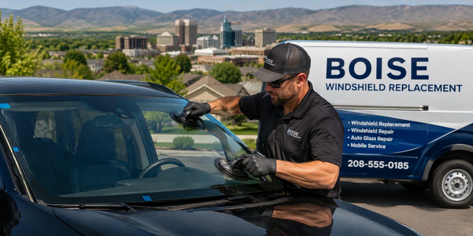 Auto glass technician preparing a vehicle windshield for replacement
